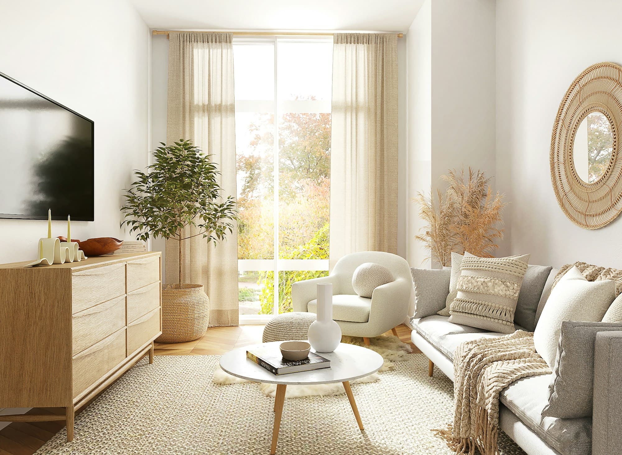 A bright, welcoming living room with a comfortable sofa and a window onto the garden